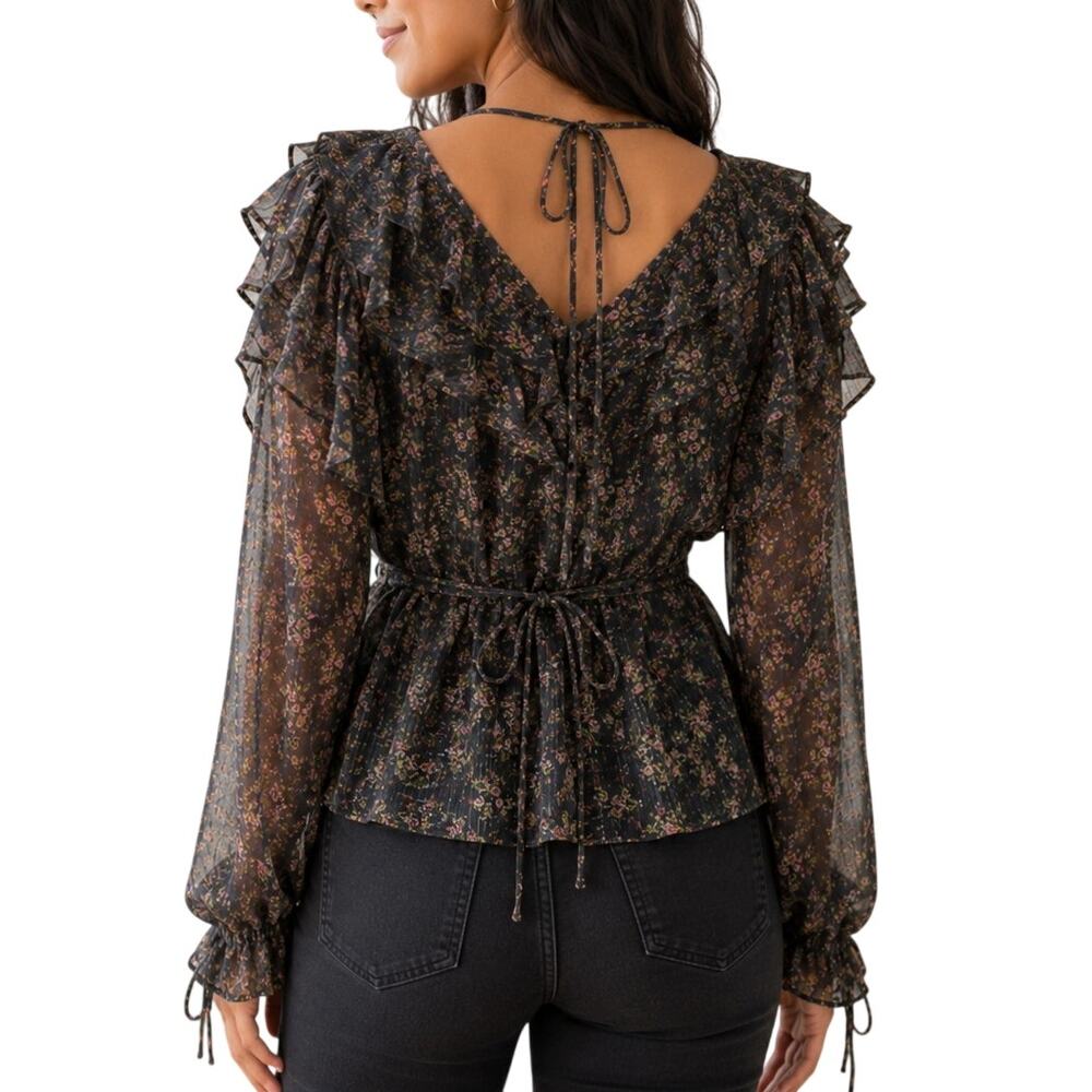 Topshop Dark Floral Metallic Ruffle Blouse Size 6